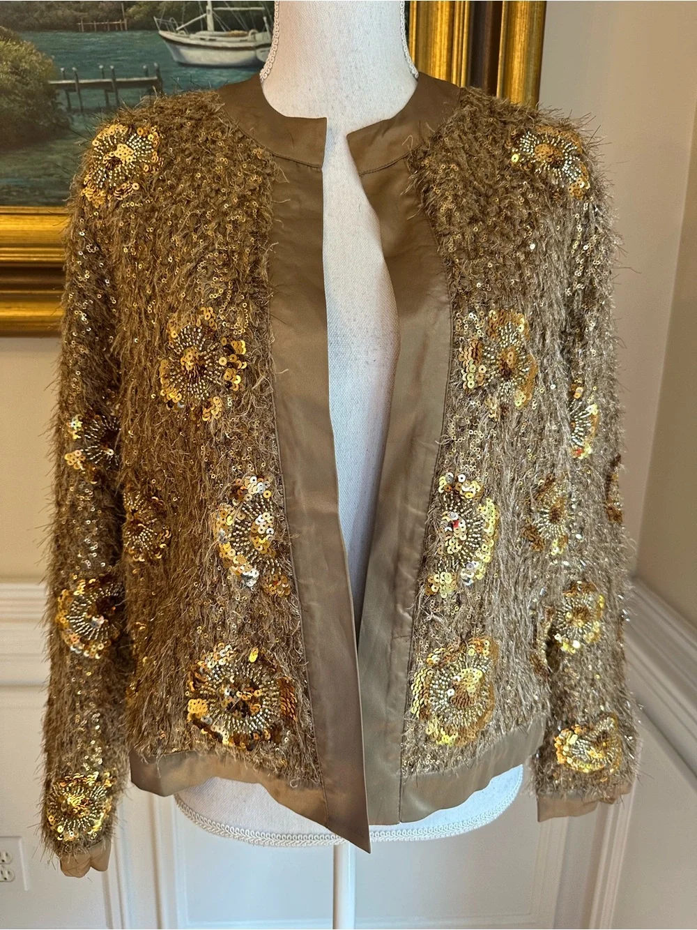 ZARA Brown Gold Fur Sequin Beaded Collarless Jacket